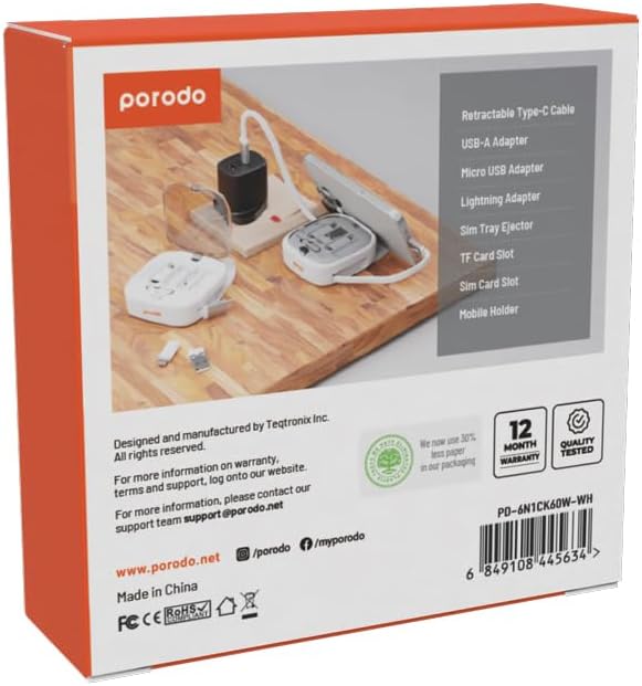 Porodo 6in1 Multi Functional Charge Kit with 60W Type C-C Cable - White