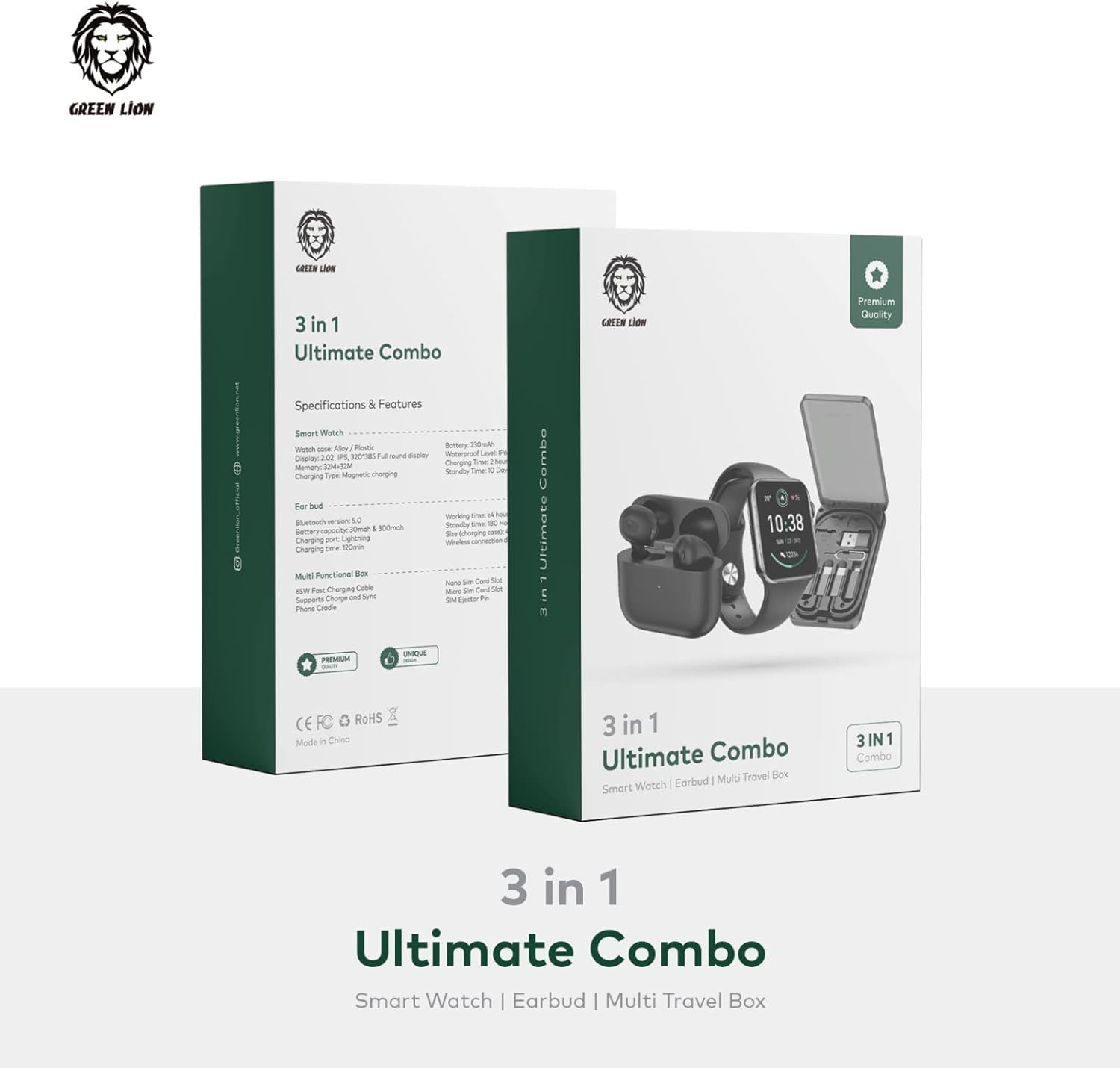 Green Lion 3 in 1 Ultimate Combo (Smart Watch/Earbud/Multi Travel Box) - Black