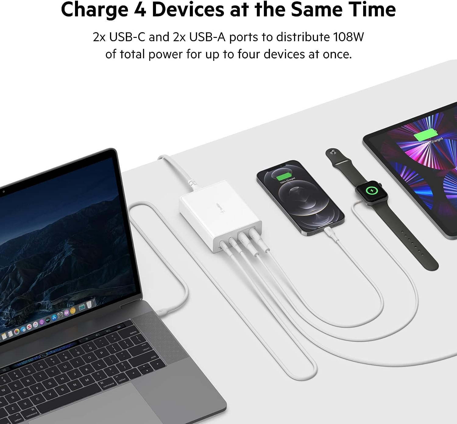 Belkin 108W USB-C Charger Gan 4-Port White 2M Cord