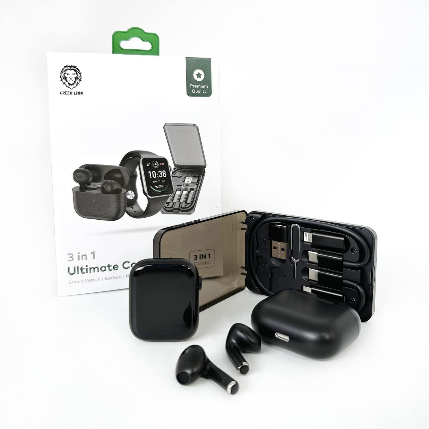 Green Lion 3 in 1 Ultimate Combo (Smart Watch/Earbud/Multi Travel Box) - Black