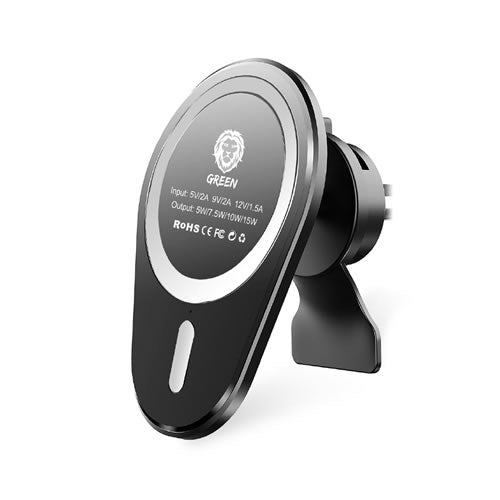 Green Lion Wireless Magnetic Car Charger / Mount 15W ( Air Vent + Stick-on-Holder ) - Black