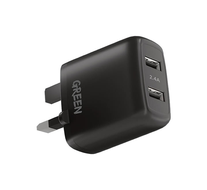 Green Dual USB Port Wall Charger 12W UK  - Black