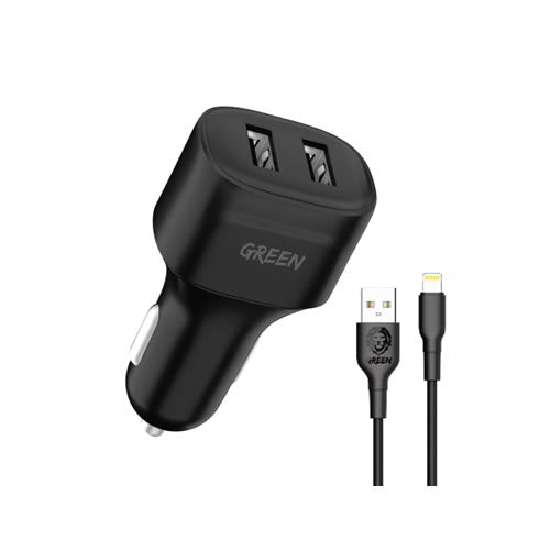 Green Lion Dual Port Car Charger 12W with PVC Lightning Cable 1.2M - Black