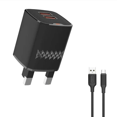 Green Lion Dual Port Wall Charger UK Plug 2 USB-A Port USB-A to USB-C 1m Cable -Black