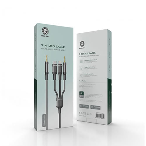 Green Lion 3 in 1 AUX Cable (AUX/Lightning/USB-C) 1M - Black