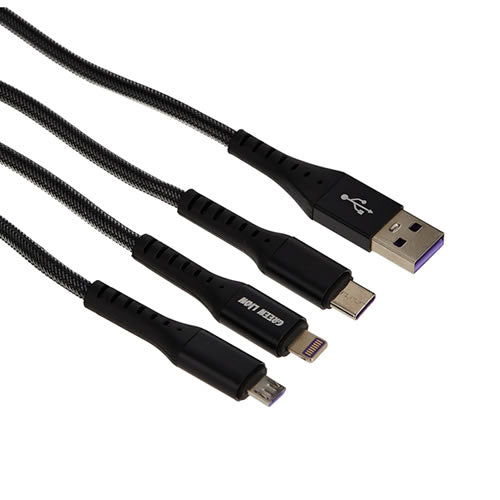 Green Lion 3 in 1 Braided Cable 1.2M ( Lightning Micro USB Type-C ) - Black