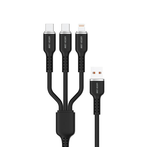 Green Lion 3in1 Silicone Cable USB-A To USB-C×2 and Lightning - Black