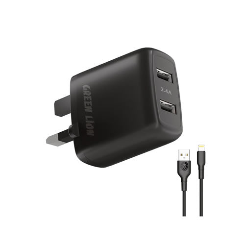 Green Lion Dual USB Port Wall Charger 12W UK with PVC Lightning Cable 1.2M - Black