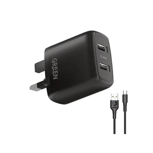 Green Lion Dual USB Port Wall Charger 12W UK with PVC Type-C Cable 1.2M