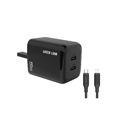 Green Lion 40W Dual PD Wall Charger With USB-C To Lightning Cable 1M UK - Black