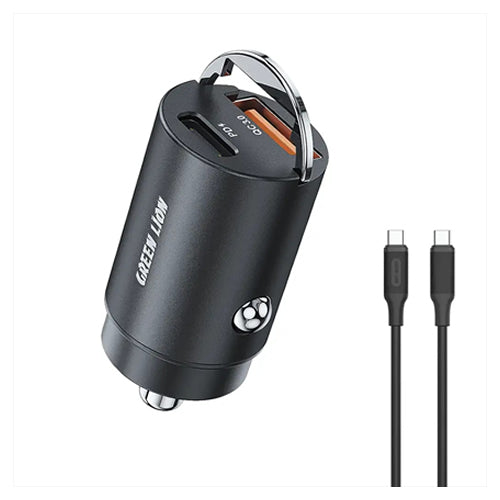 Green Lion Ring Charge Dual Port Car Charger PD 36W C to C 1m Cable - Black