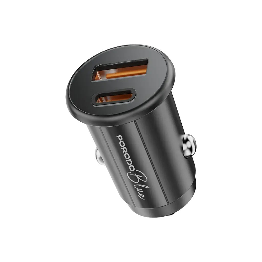 Porodo Blue 15W USB-A+C Port Car Charger with C to C .9m Cable - Black