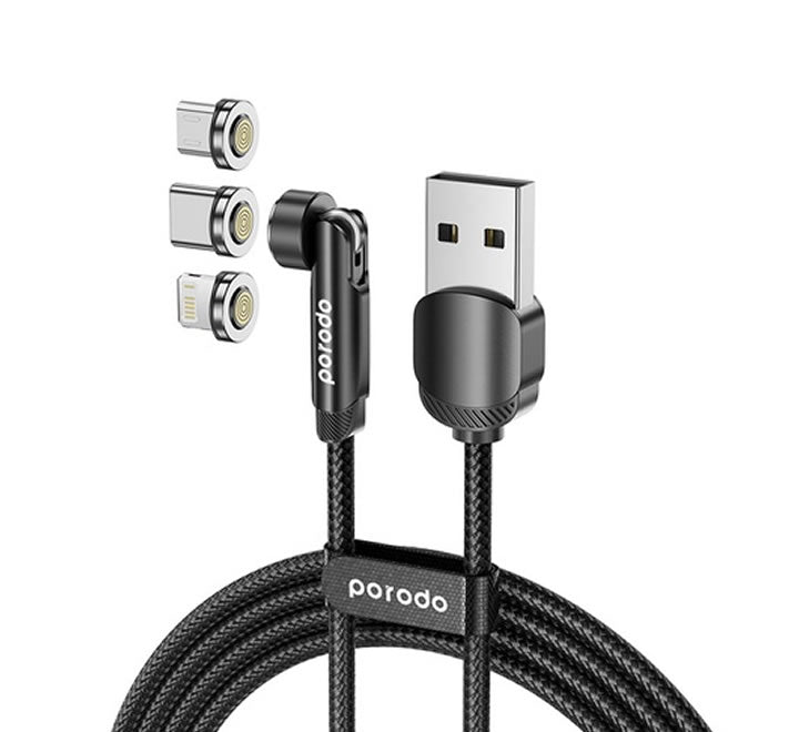 Porodo 3in1 TPE Cable with Rotatable Head for Micro + Lightning + Type-C - Black