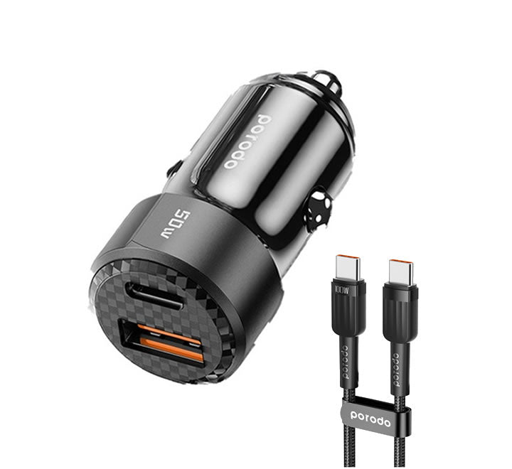 Porodo 50W Dual Port Car Charger PD 20W QC 30W with C to C Cable - Black