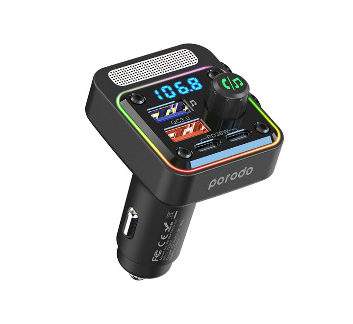 Porodo Quick-Charge FM Car Charger ( Dual USB-C & USB-A ) PD 36W - Black