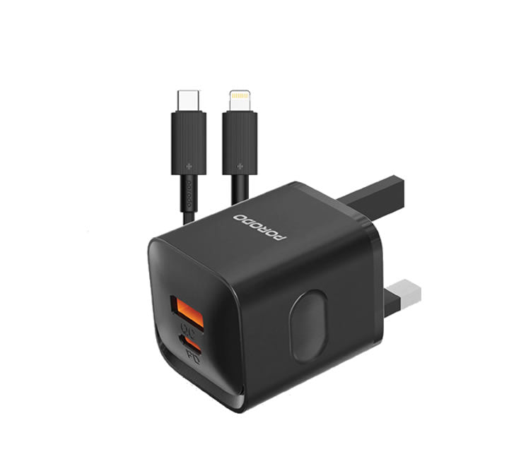 Porodo PD+QC 20W UK Charger with Type-C to Lightning Cable - Black