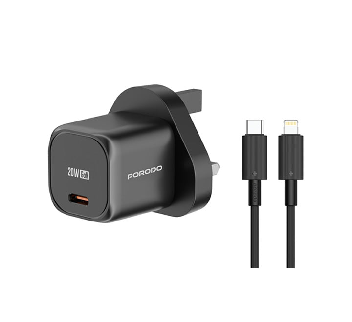 Porodo PD 20W UK Charger with Type-C to Lightning Cable - Black