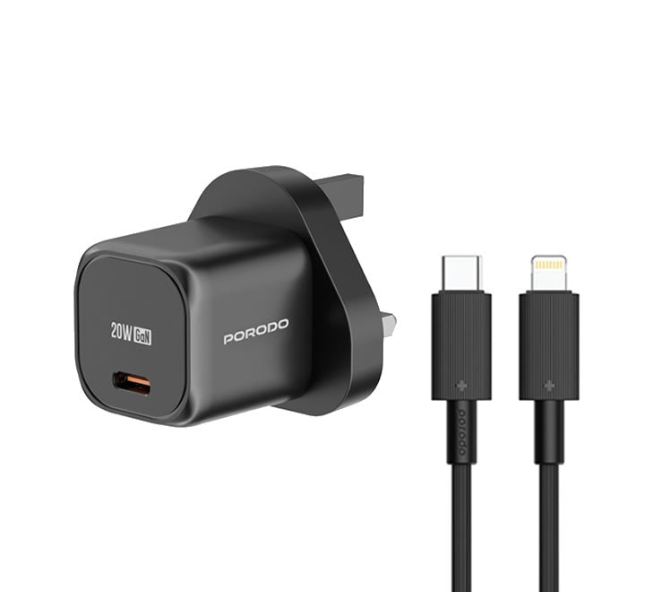 Porodo PD 20W UK Fast Charger with USB-C to Lightning Cable- Black