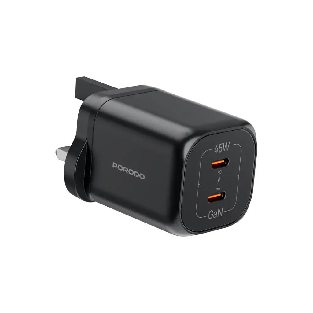 Porodo PD45W GaN Dual USB-C Fast Charger UK Plug - Black