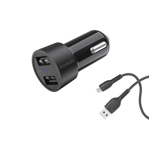 Porodo Dual USB Car Charger 3.4A with Micro USB Cable 4ft. - Black