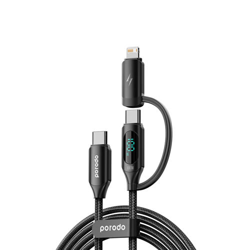 Porodo 2-IN-1 Digital-Display Fast Charging 1.2M Cable C to C+L - Black