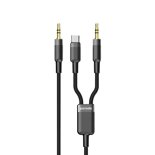 Porodo 2in1 Aux 3.5 to 3.5+typeC Cable 1.2M - Black