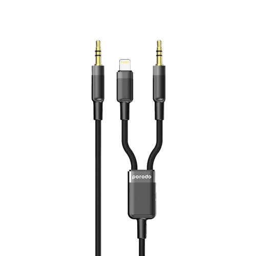 Porodo 2in1 Aux 3.5 to 3.5+Lightning Cable 1.2M - Black