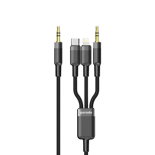 Porodo 3in1 Aux 3.5 to 3.5+C+Lightning Cable 1.2M - Black