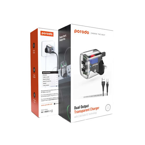 Porodo Dual Output Transparent Charger 2.4A UK with USB-A to USB-C Cable - Black