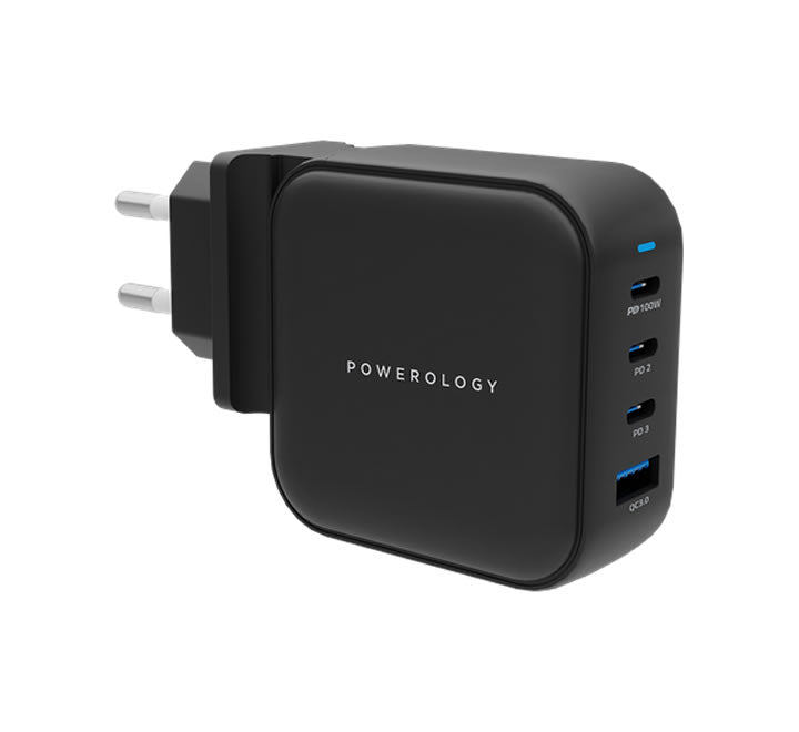 Powerology 100W Triple PD GaN Charger USB-A QC 3.0 - Black