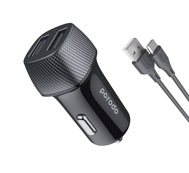 Porodo Dual Port Car Charger 3.4A with Type-C Cable 0.9m