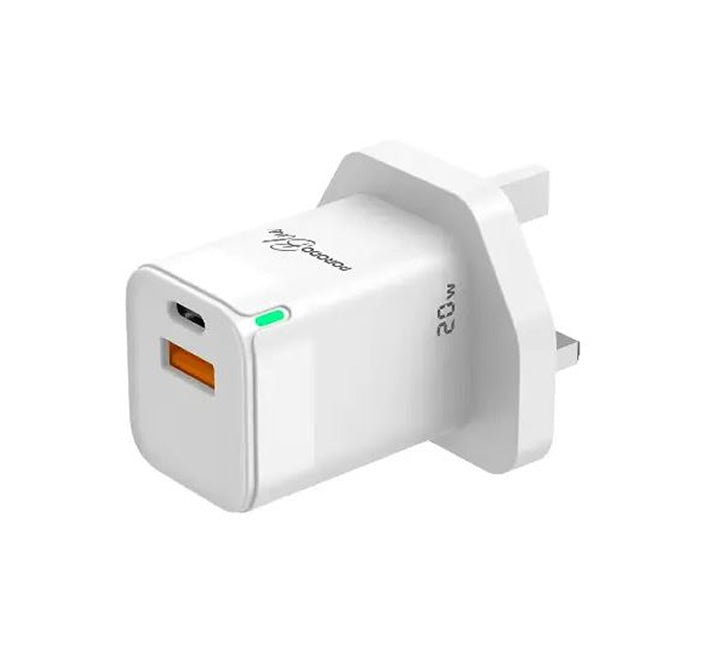 Porodo Blue 20W Wall Charger 1*PD Type-C and 1* QC Type-A UK with TypeC to L Cable