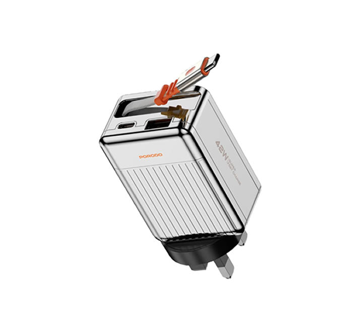Porodo 42W Retractable 75cm with UK Plug Charger - Silver
