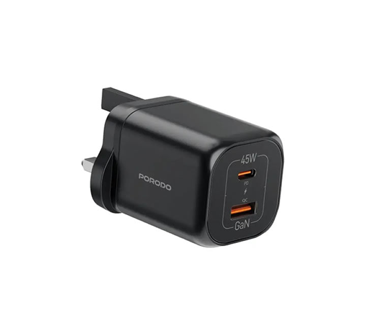 Porodo PD45W GaN Dual USB+C Fast Charger UK Plug - Black