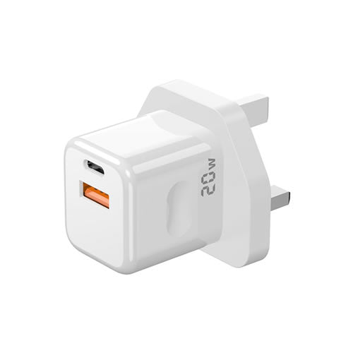 Porodo Blue Wall Charger 1*PD Type-C and 1* QC Type-A UK PD 20W - White