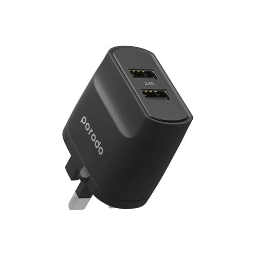 Porodo Blue Dual Port Wall Charger 2.4A 12W UK - Black