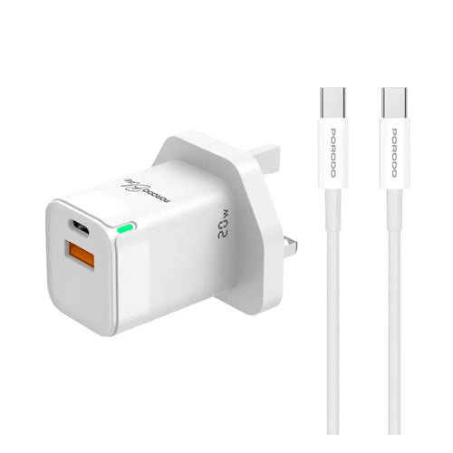 Porodo Blue Ultra-Quick Charger USB-A to USB-C (1m Type-C Cable Included) - White