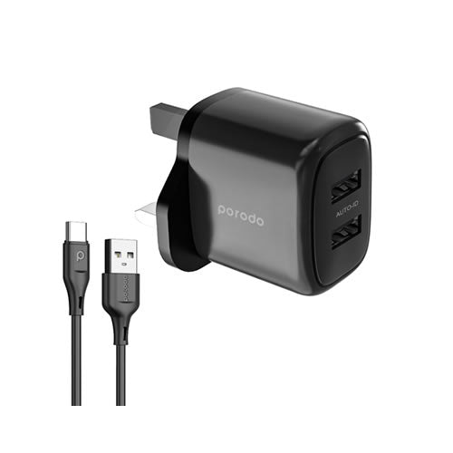 Porodo 12W Double USB 2.4A Charger UK with A-Type C 1.2M Cable