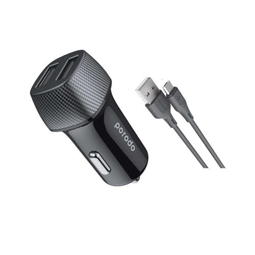 Porodo Dual Port Car Charger 3.4A with Micro USB Cable 0.9M