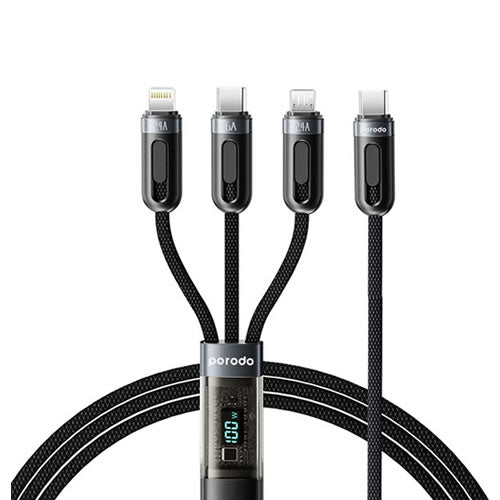 Porodo 3-IN-1 Digital-Display Fast Charging 1.2M Cable C to C+L+M - BLACK