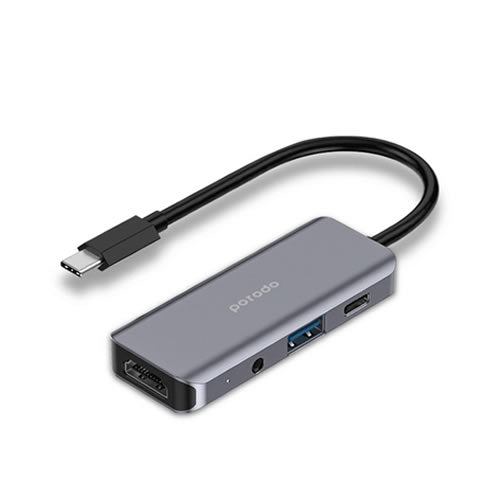 Porodo 4in1 USB-C Hub Type-C PD 100W HDMI USB 3.5mm Aux - Grey