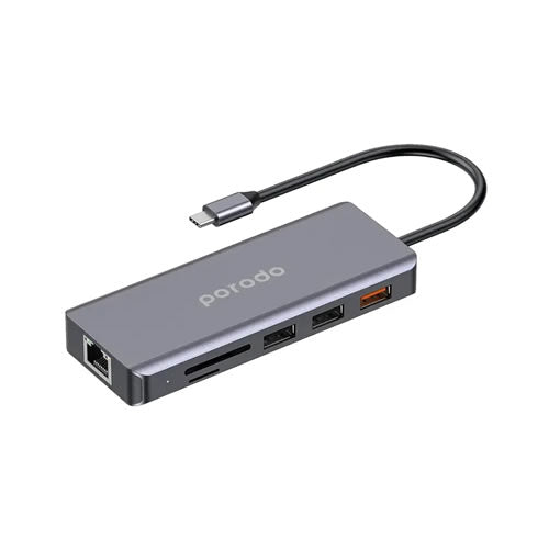 Porodo 9in1 USB-C Hub Type-C PD 100W HDMI Ethernet USB SD Card 3.5mm Aux - Gray