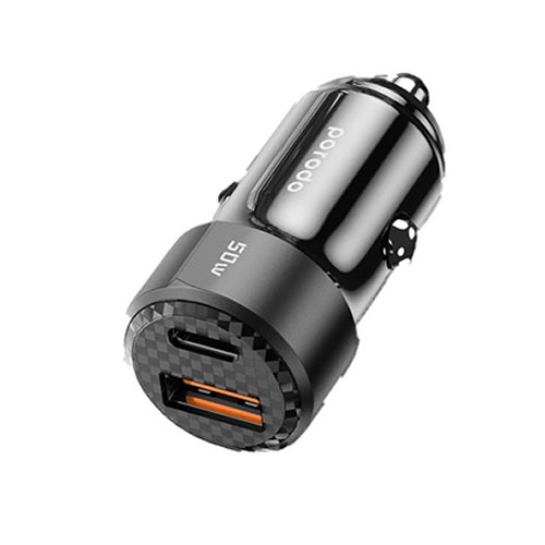 Porodo 50W Dual Port Car Charger PD 20W QC 30W with C to L Cable - Black