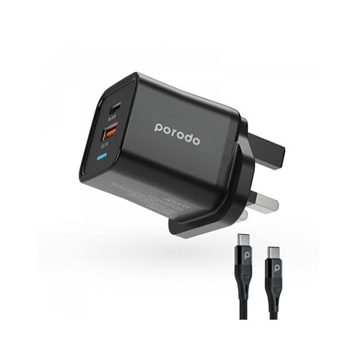 Porodo A+C 35W Wall Charger UK w/ Braided Type-C to Type-C Cable
