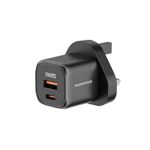 Porodo PD 20W USB QC3.0 UK Fast Charger with C to L Cable - Black
