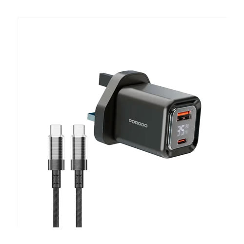 Porodo Dual-Port | Digital Display Quick Charger with C to C Cable - Black