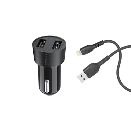 Porodo Dual USB Car Charger 3.4A with Lightning Cable 4ft. - Black