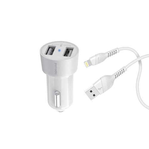 Porodo Dual USB Car Charger 3.4A with Lightning Cable 4ft. - Black