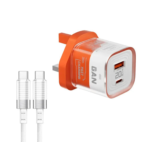 Porodo PD 20W GaN UK Transparent Dual Port Fast Charger with C to C Cable - Orange