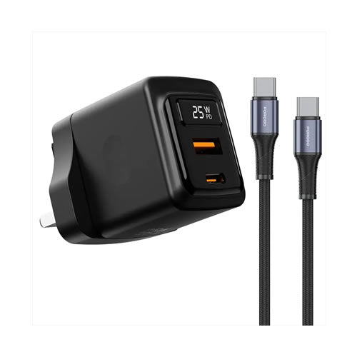 Porodo GaN 25W Dual-Port Wall Charger with USB-C to USB-C 1m - Black